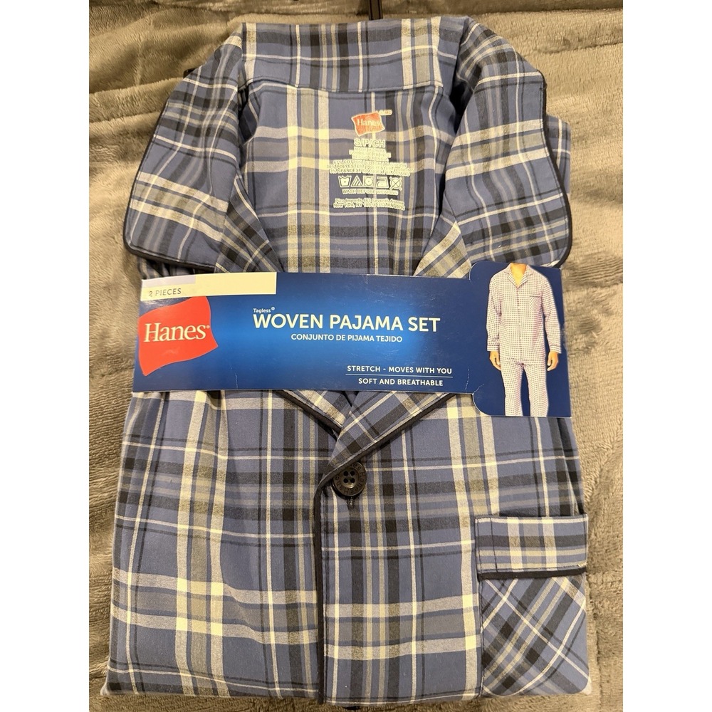 Hanes Men’s Woven Pajama Shirt & Pants Set Size Small Blue Plaid NEW